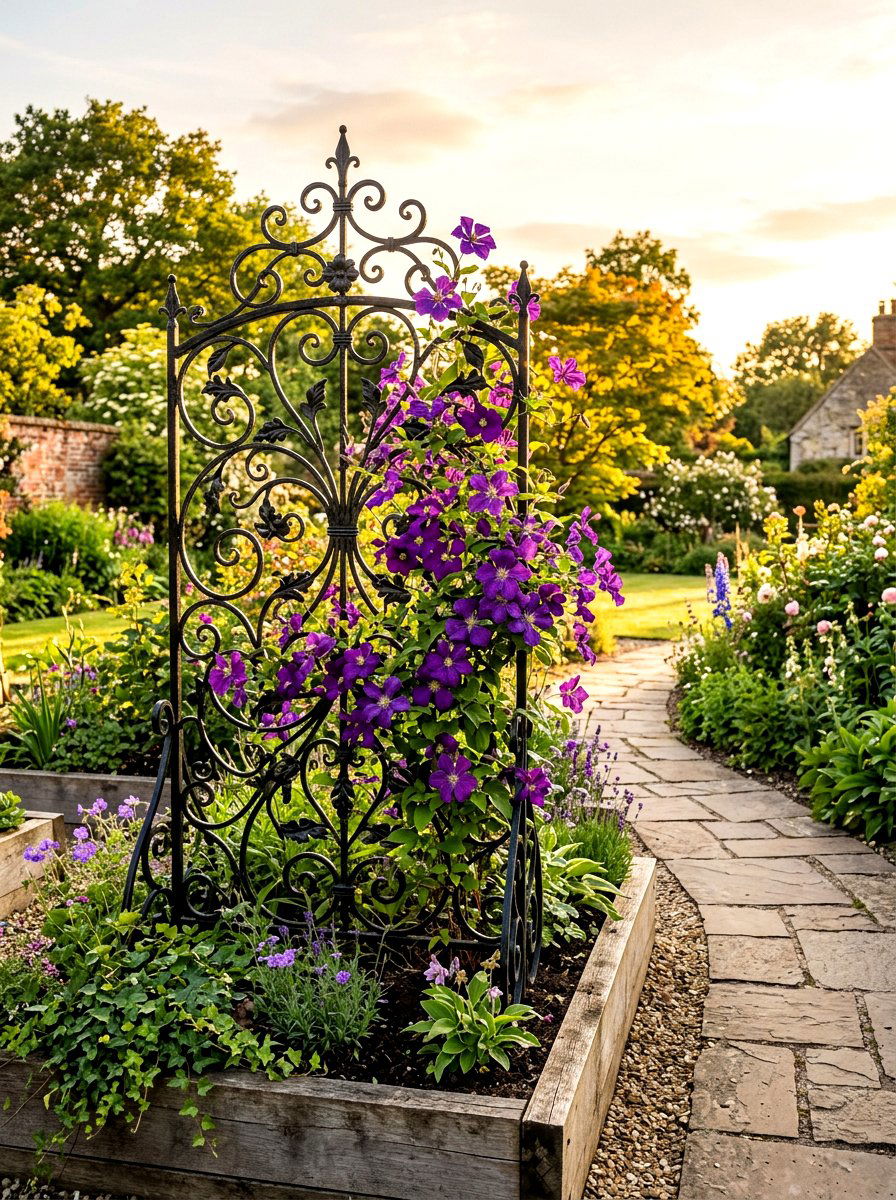 Decorative Scrollwork Metal Trellis - 30 raised bed trellis ideas