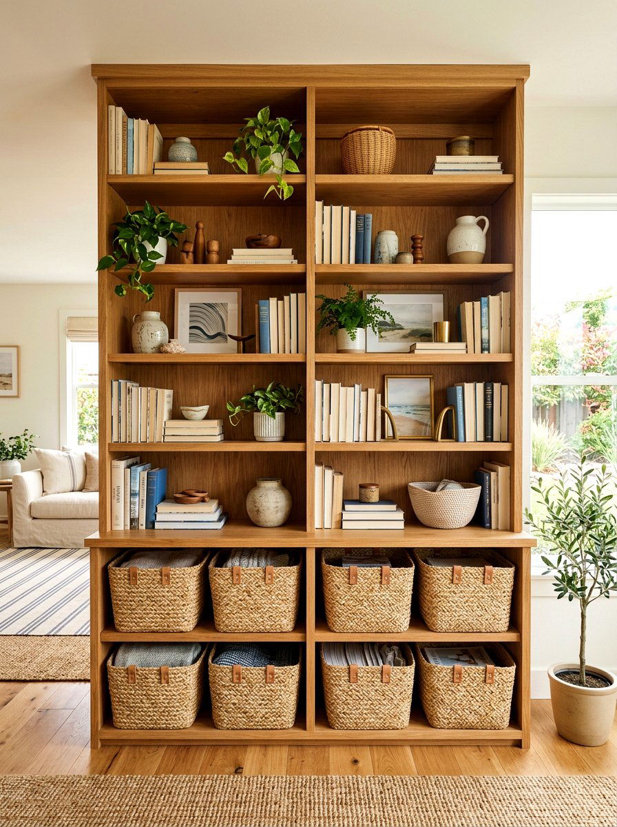 Decorative Storage Basket Integration - 30 organizing a bookshelf ideas