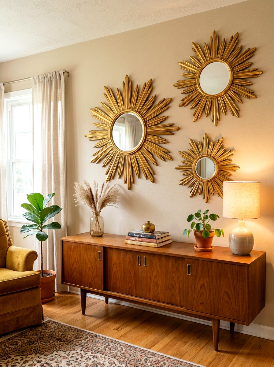 Decorative Sunburst Mirror Cluster - 30 mirror wall small room ideas
