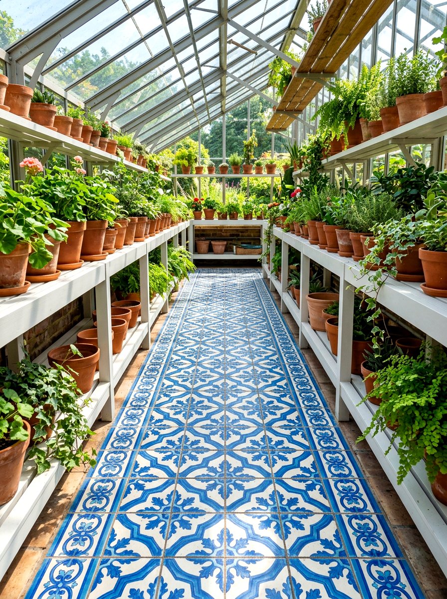 Decorative Tiled Flooring - 30 greenhouse potting area ideas