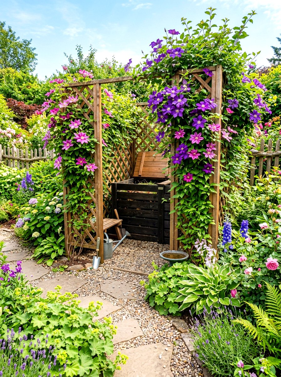 Decorative Trellis Compost Hideaway - 30 compost corner ideas
