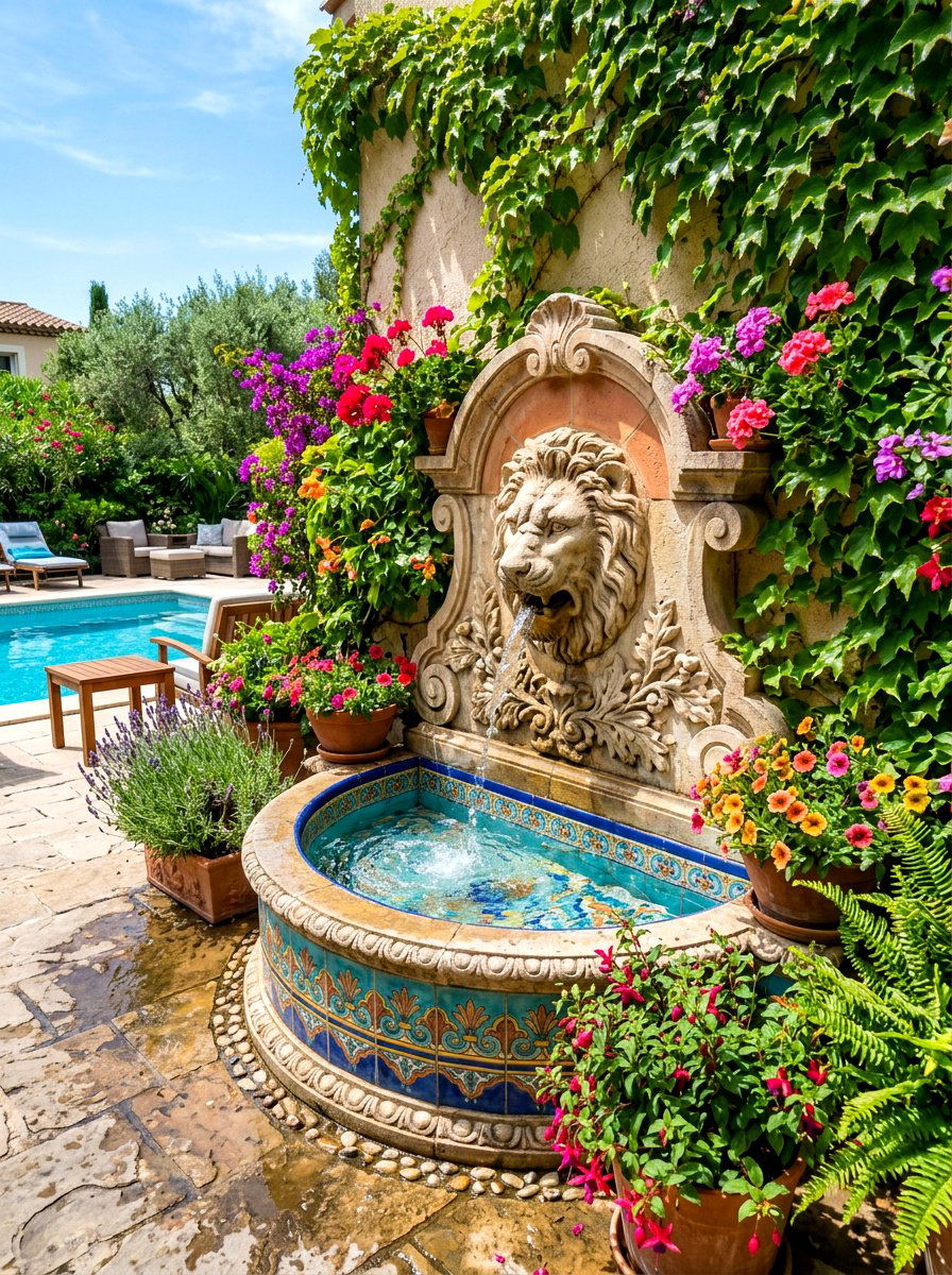 Decorative Wall Fountain - 30 Mediterranean pool patio ideas