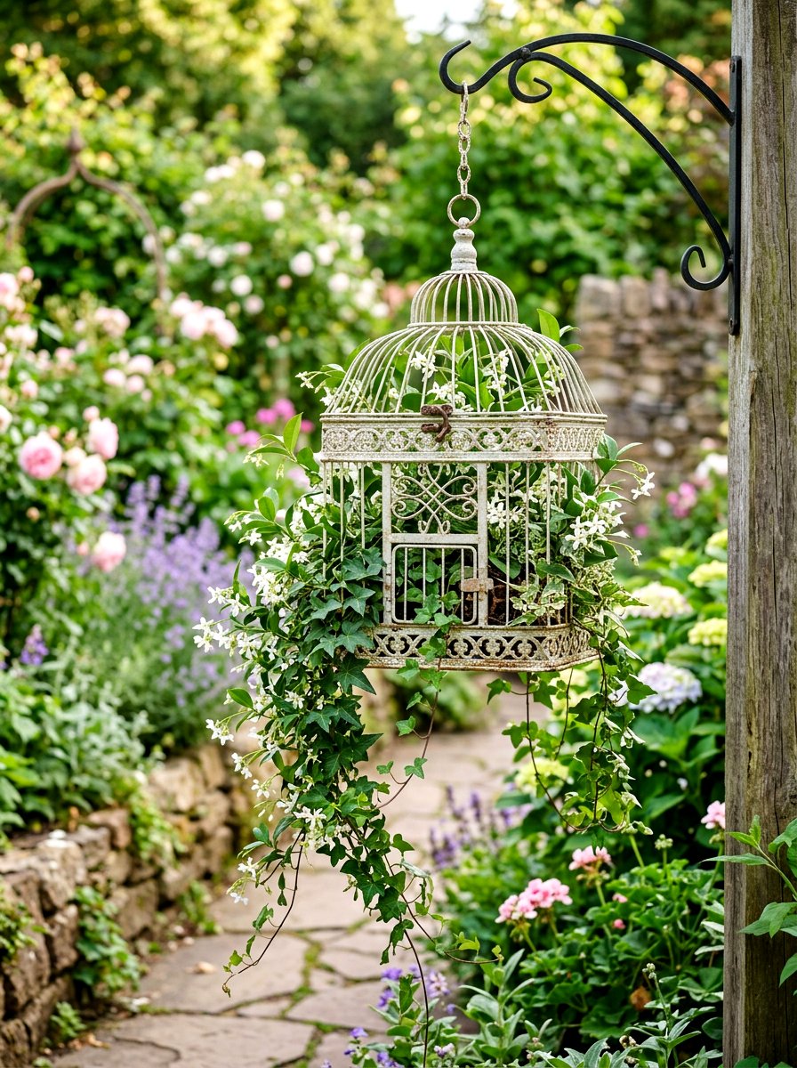 Decorative birdcage planter - 30 hanging container garden ideas