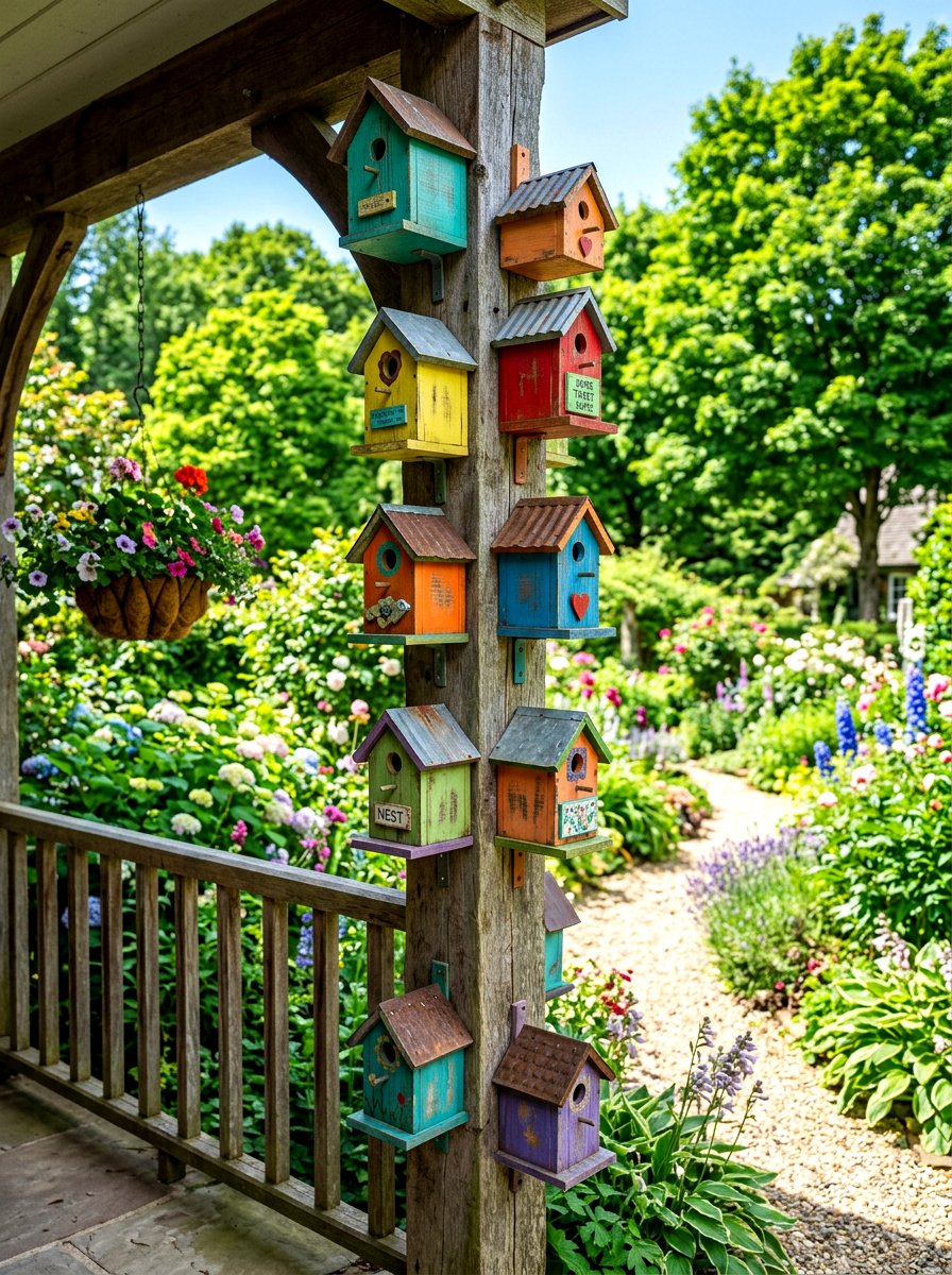 Decorative birdhouse display - 30 country porch decor ideas
