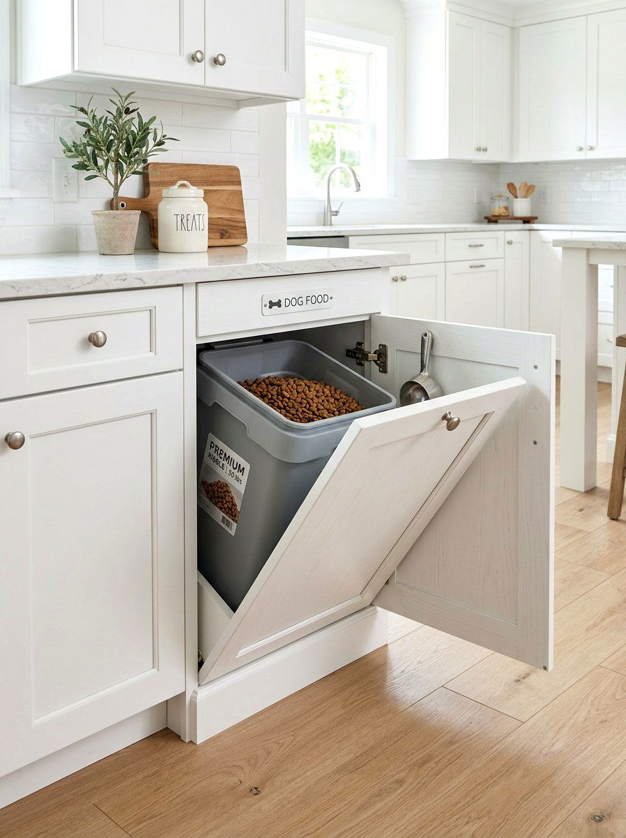 Decorative dog food bin cabinet - 30 pet station kitchen ideas