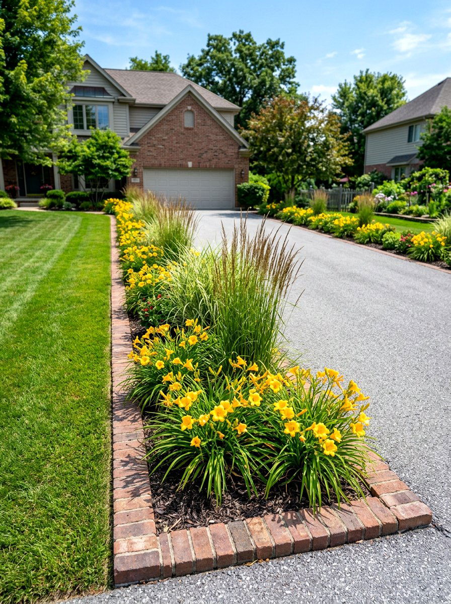 Decorative driveway flower bed border - 30 flower bed layout ideas