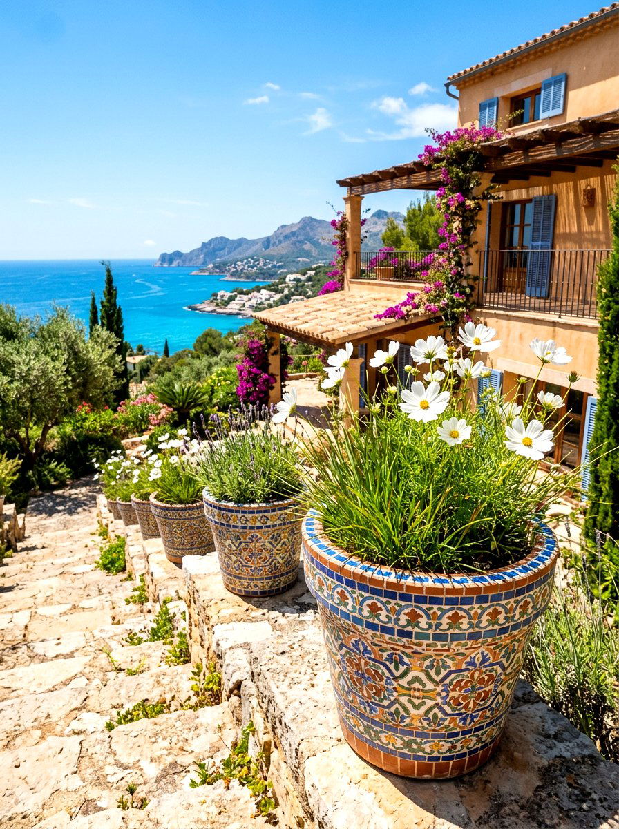 Decorative mosaic tile pots - 30 porch step planter ideas
