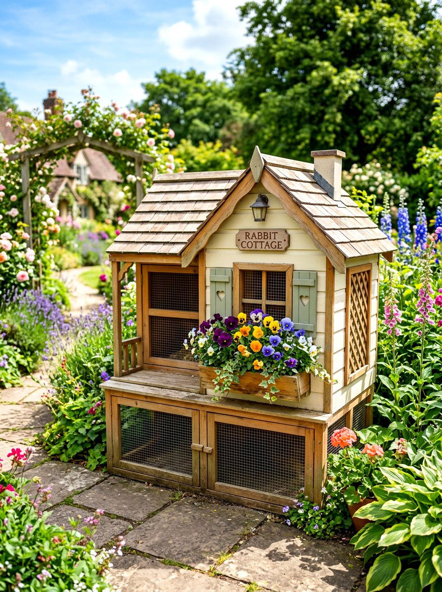 Decorative rabbit hutch with window boxes - 30 rabbit hutch garden ideas