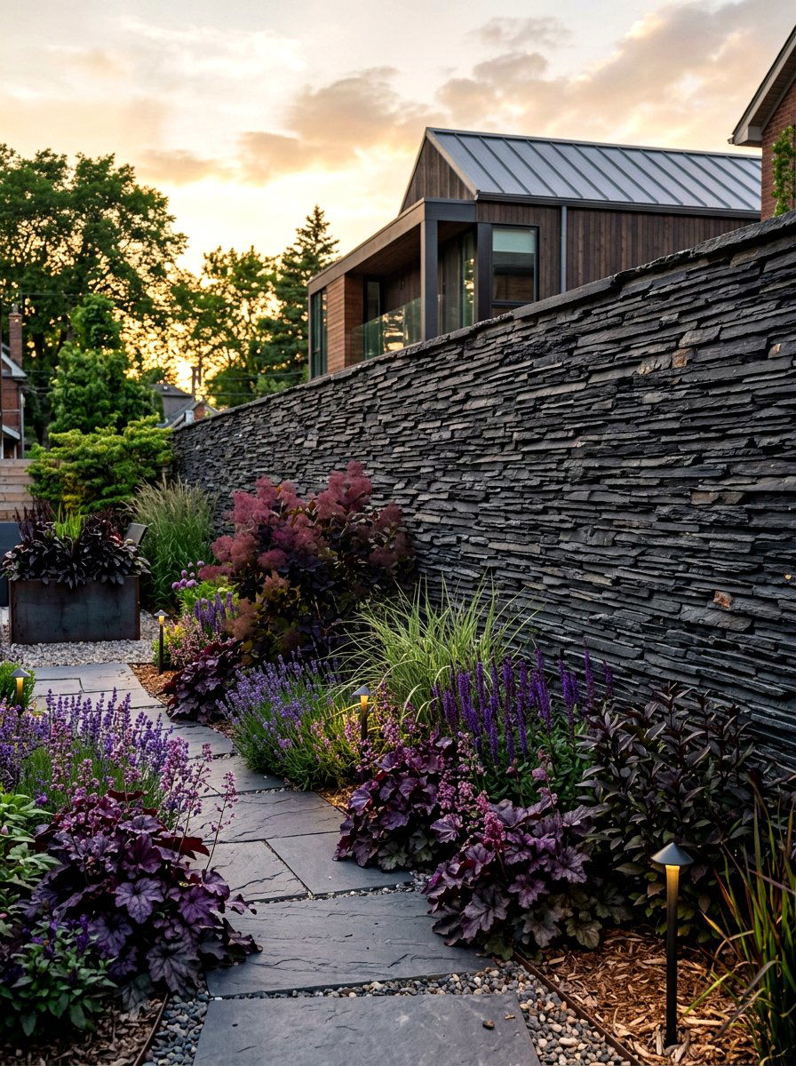 Decorative slate wall - 30 sloped backyard retaining wall ideas