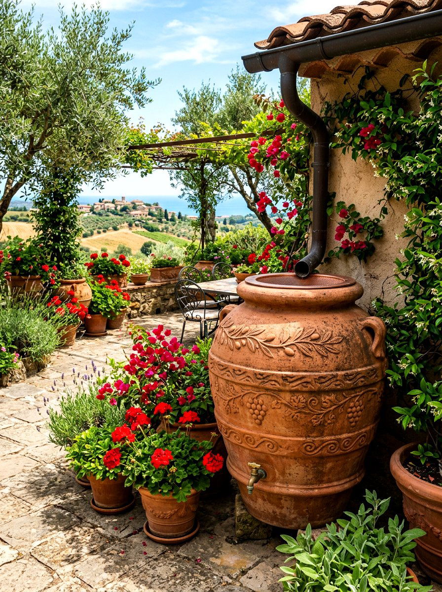 Decorative terracotta urn rain barrel - 30 rain barrel ideas