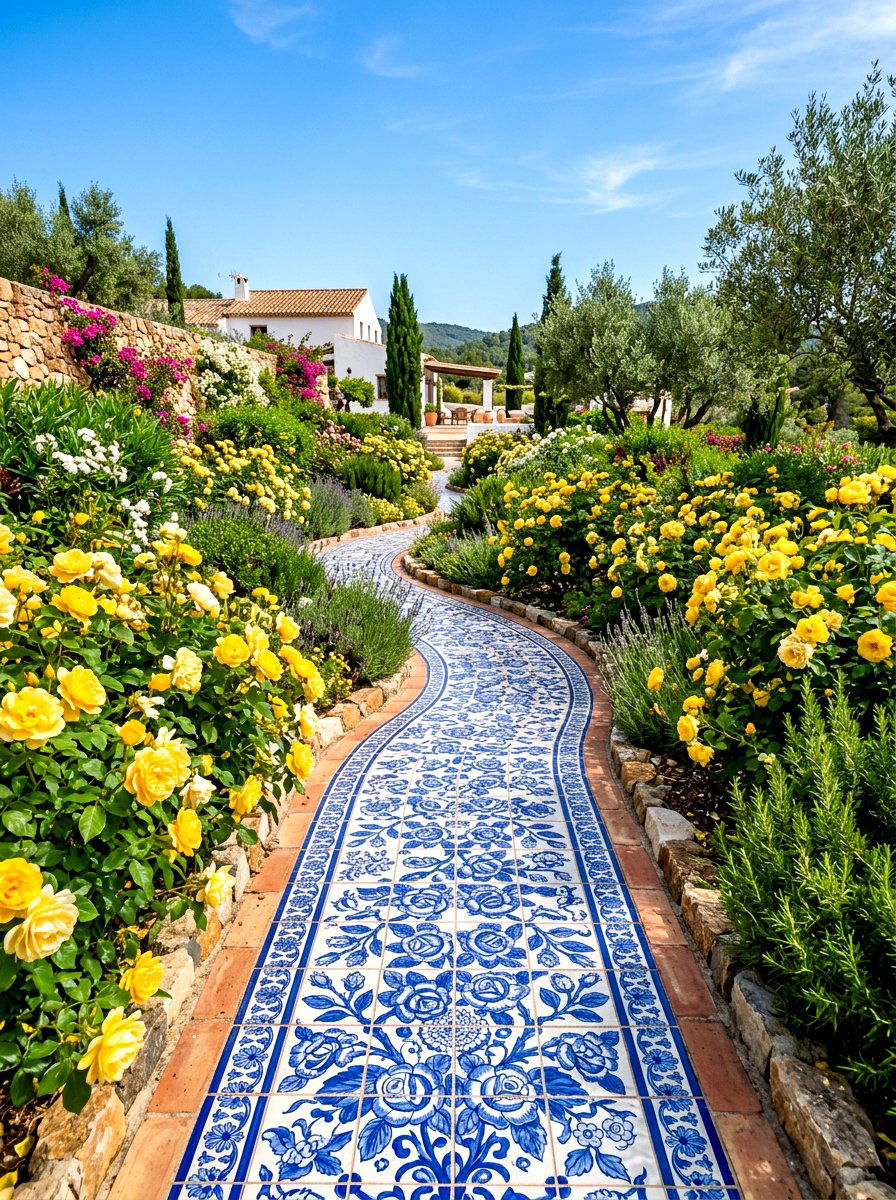 Decorative tile rose path - 30 rose garden walkway ideas