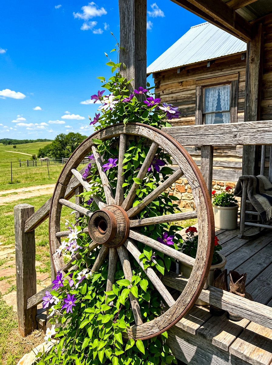 Decorative wagon wheel - 30 country porch decor ideas