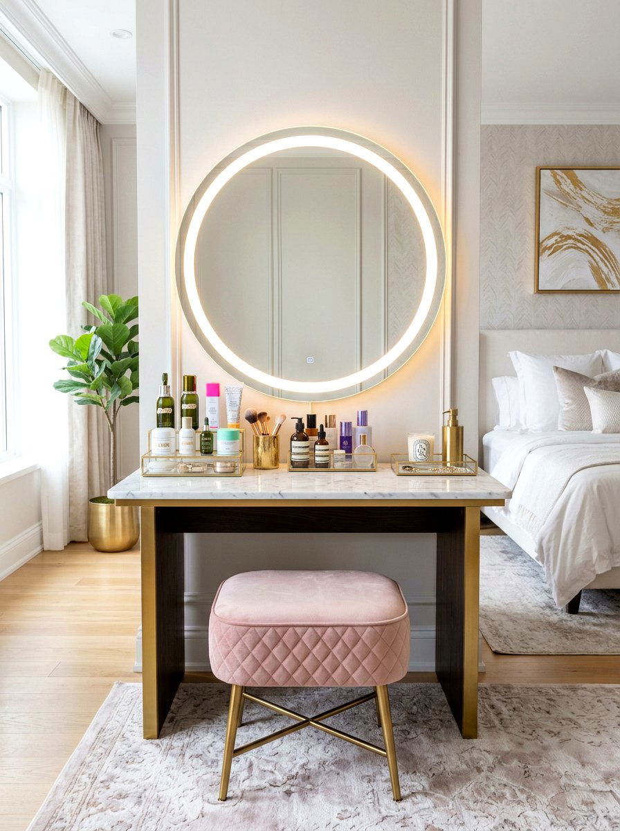 Dedicated skincare and vanity area - 30 phone free bedroom ideas for adults