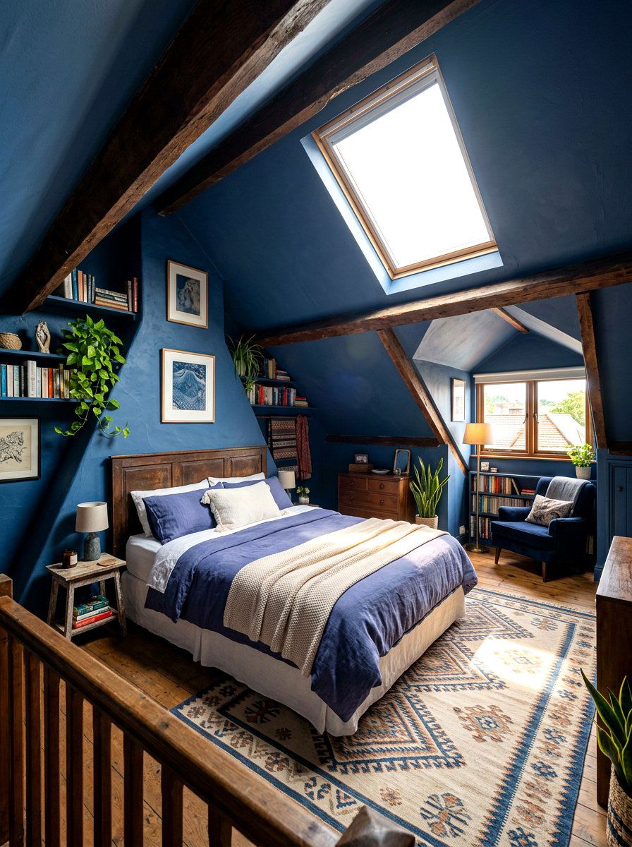 Deep Blue Attic Bedroom - 30 inky blue bedroom ideas
