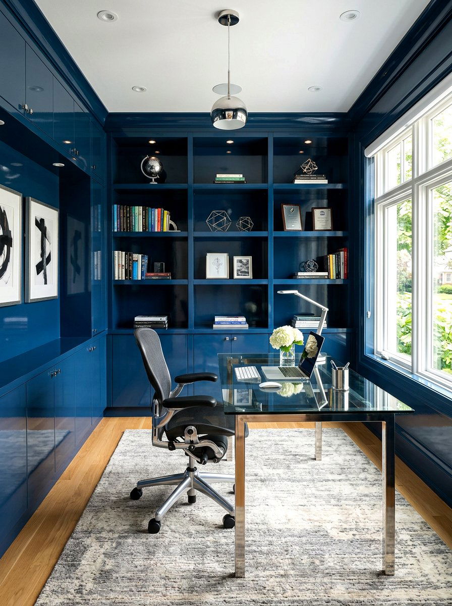 Deep Blue Lacquer Office - 30 lacquered room ideas