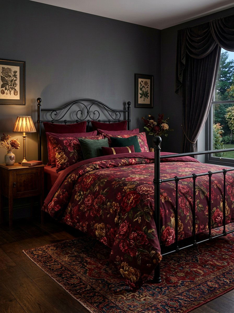 Deep Burgundy Floral Bedspread - 30 dark floral bedroom aesthetic ideas