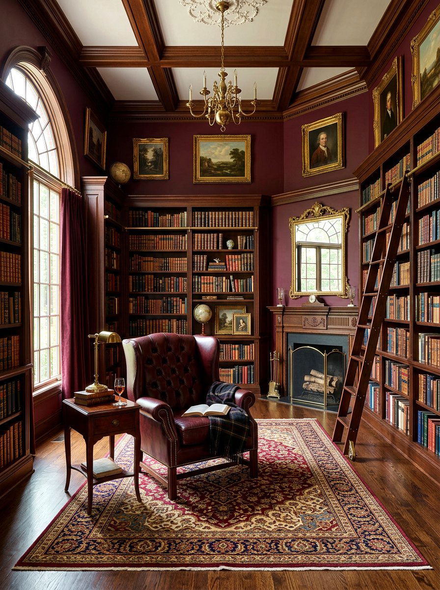 Deep Burgundy Library - 30 dark moody wall ideas