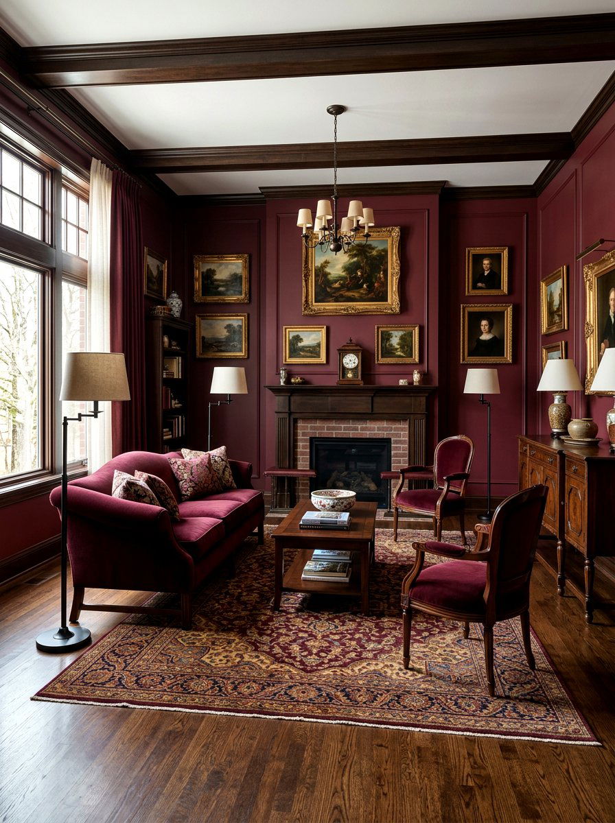 Deep Burgundy Living Room - 30 moody lounge room ideas