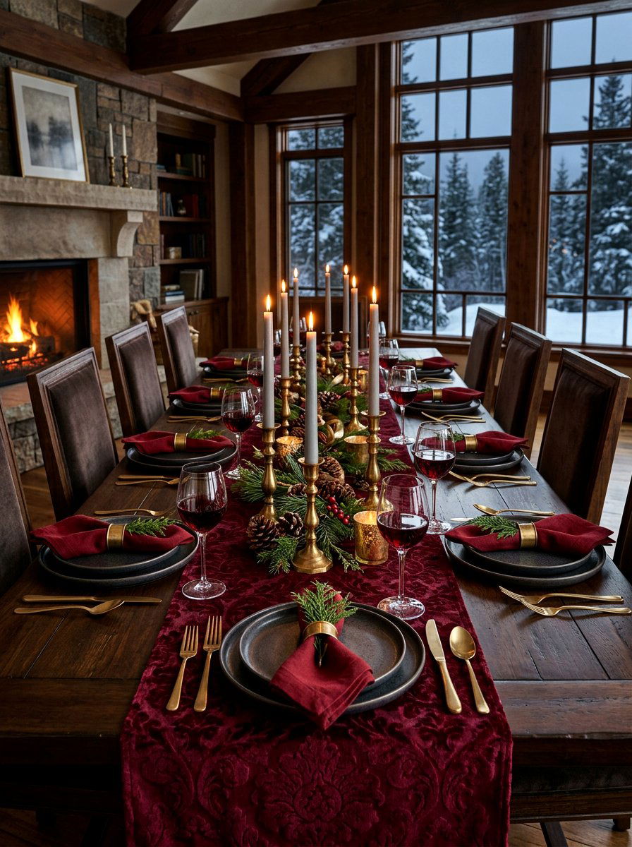 Deep Burgundy Velvet Runner - 30 moody berry tablescape ideas