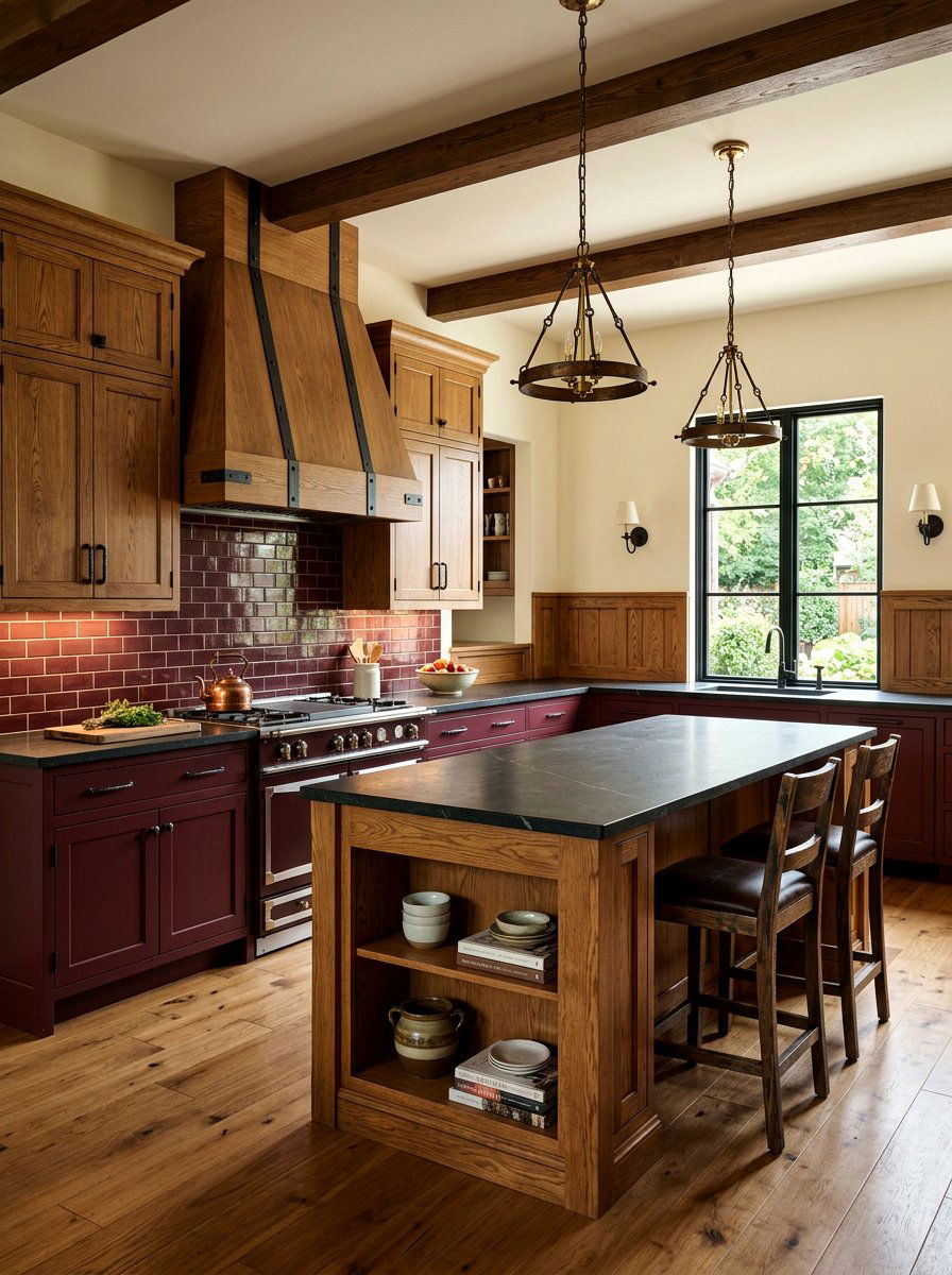Deep Burgundy and Oak Kitchen - 30 stained and painted kitchen ideas