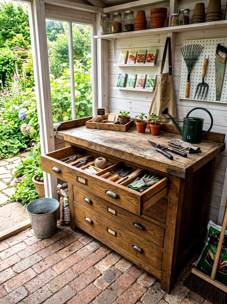 Deep Drawer Garden Tool Bench - 30 greenhouse storage bench ideas