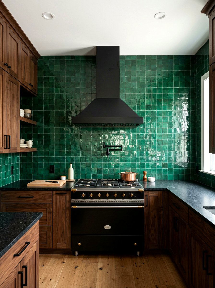 Deep Emerald Green Backsplash Tile - 30 moody cottage kitchen ideas