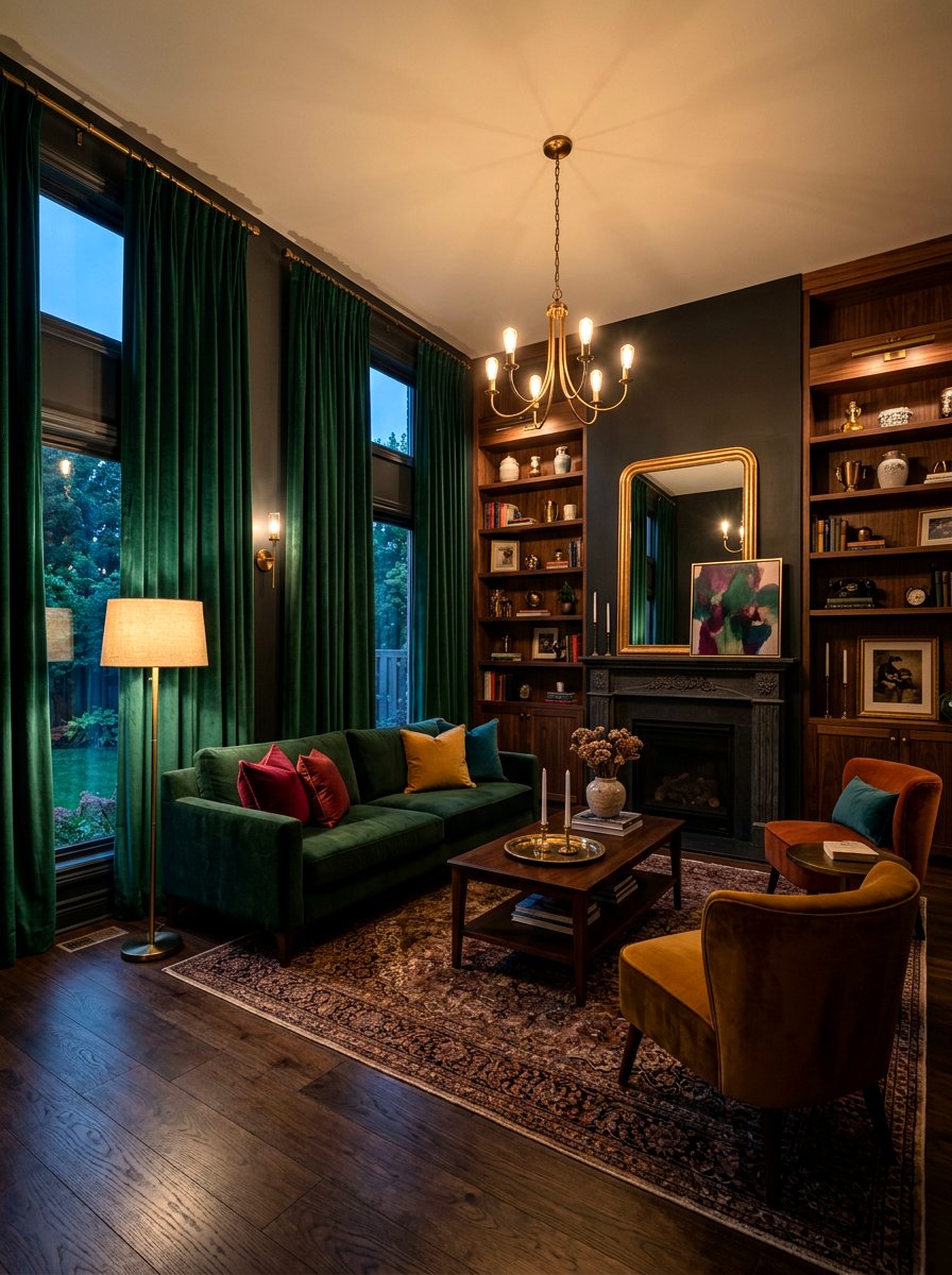 Deep Emerald Green Velvet Curtains - 30 dramatic drapery living room ideas