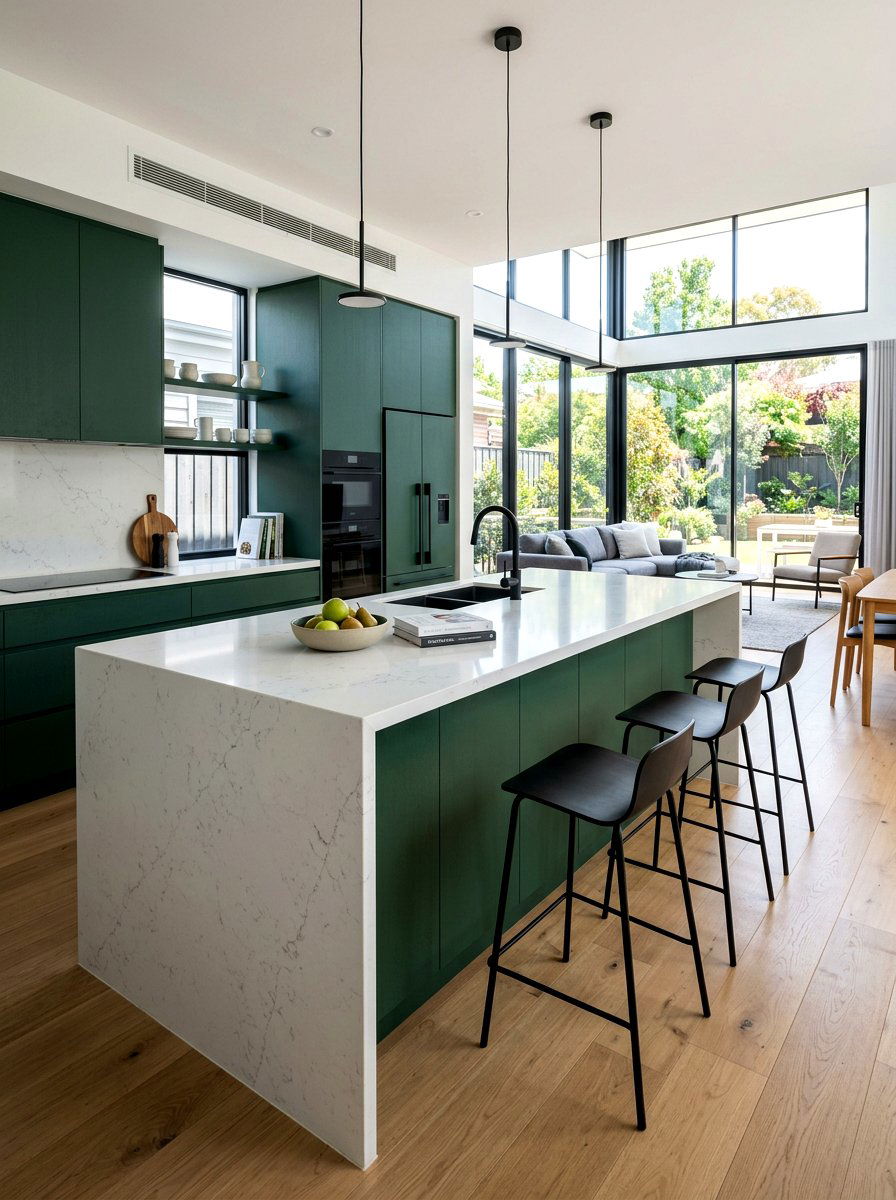 Deep Green Island Waterfall Edge - 30 dark green kitchen island ideas