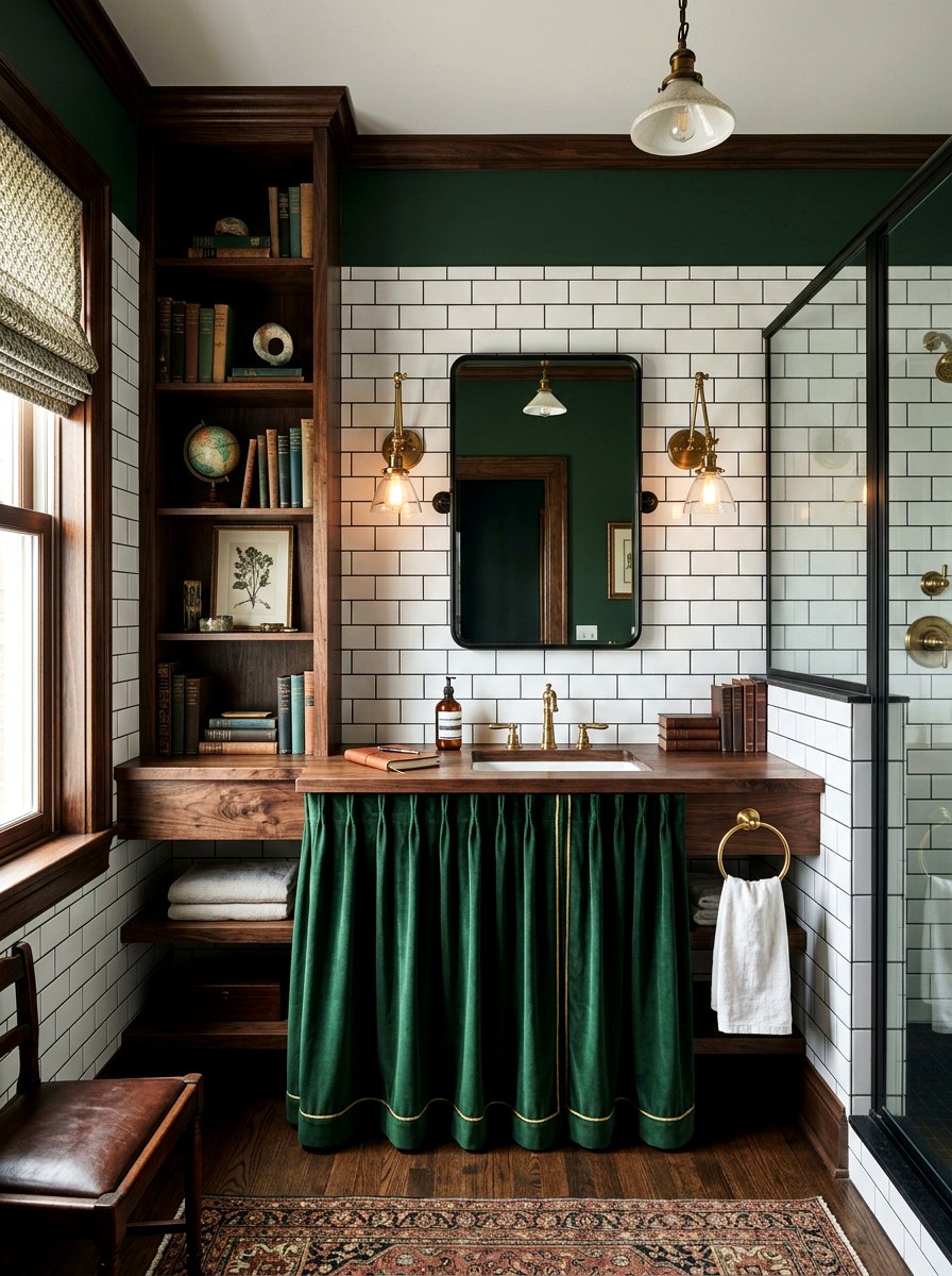 Deep Green Velvet Vanity - 30 skirted vanity ideas