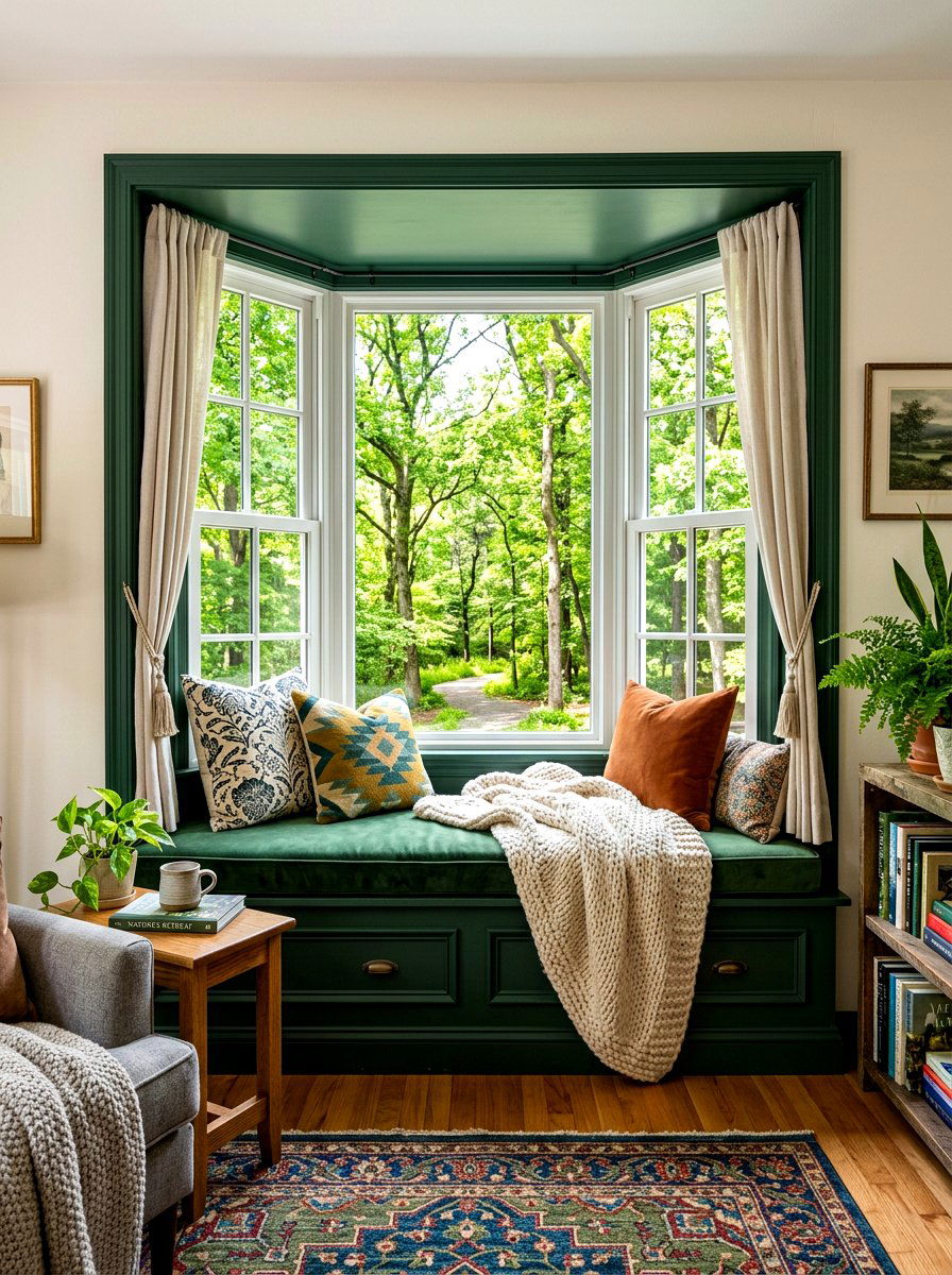 Deep Green Window Seating - 30 dark green living room ideas