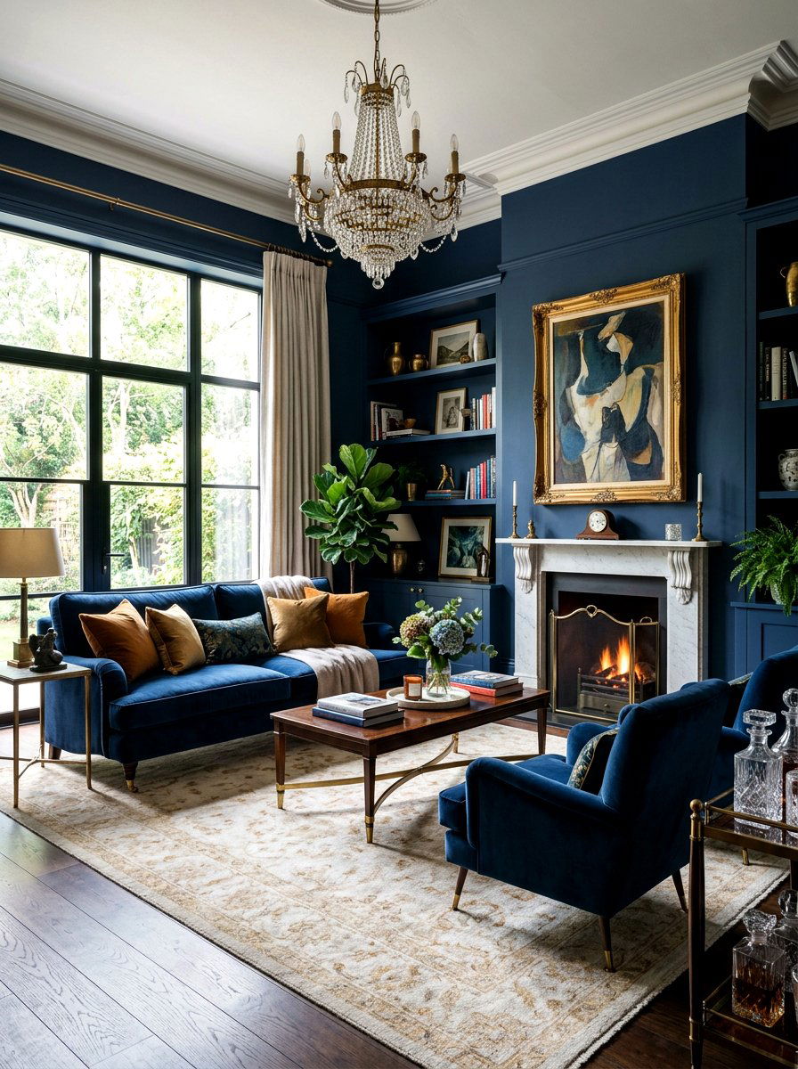 Deep Indigo Lounge - 30 dark moody wall ideas