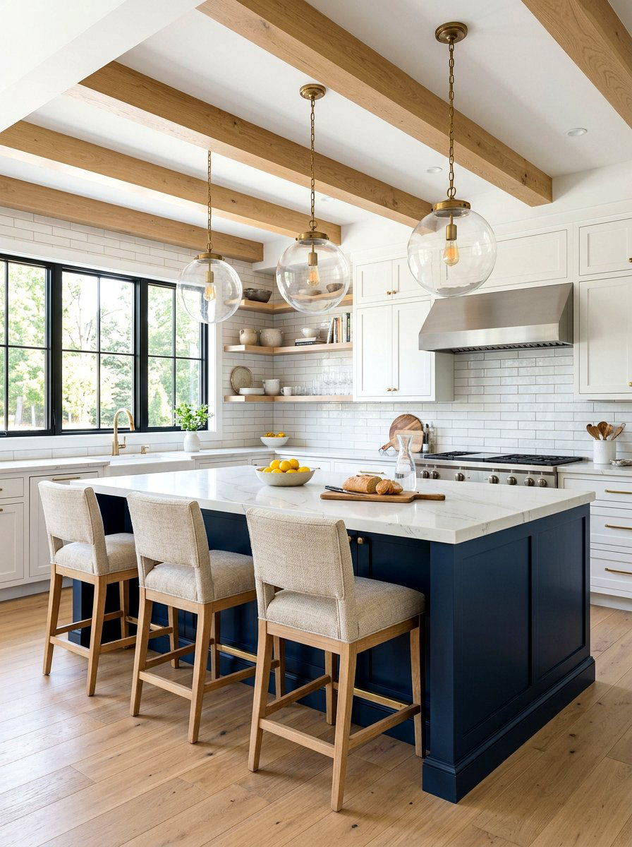 Deep Navy Blue Island - 30 modern farmhouse kitchen island ideas
