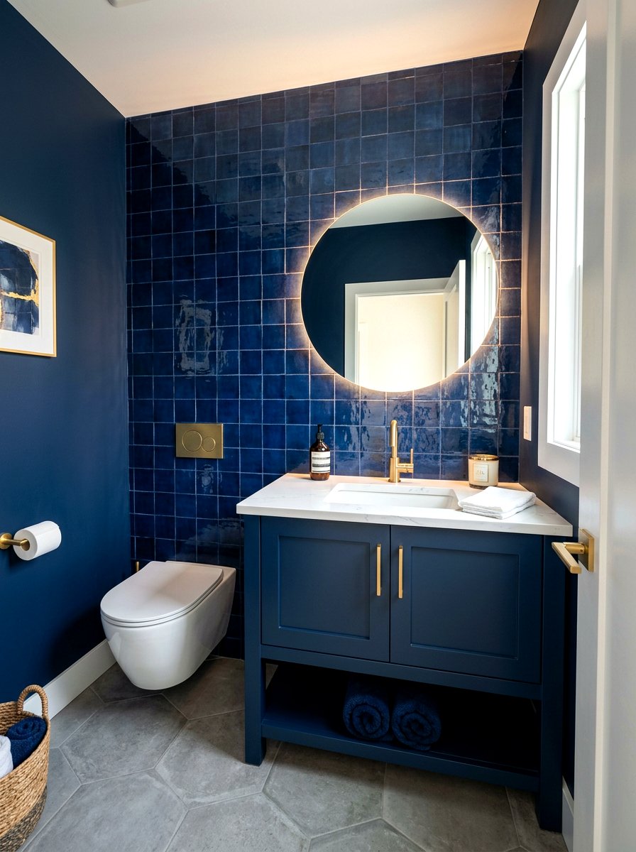 Deep Navy Tile Backsplash - 30 dark powder room ideas