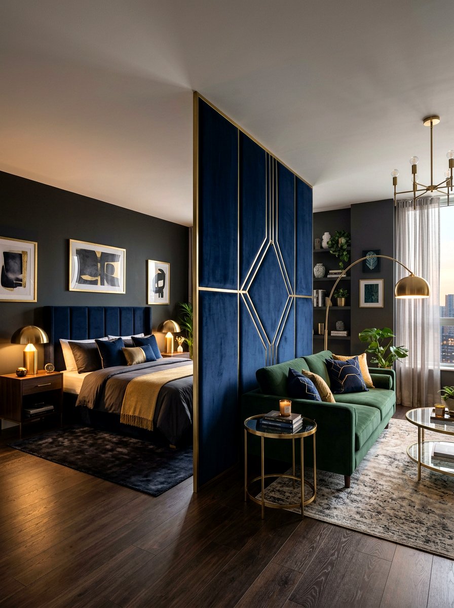 Deep Navy Velvet Partition - 30 curtain divider apartment ideas