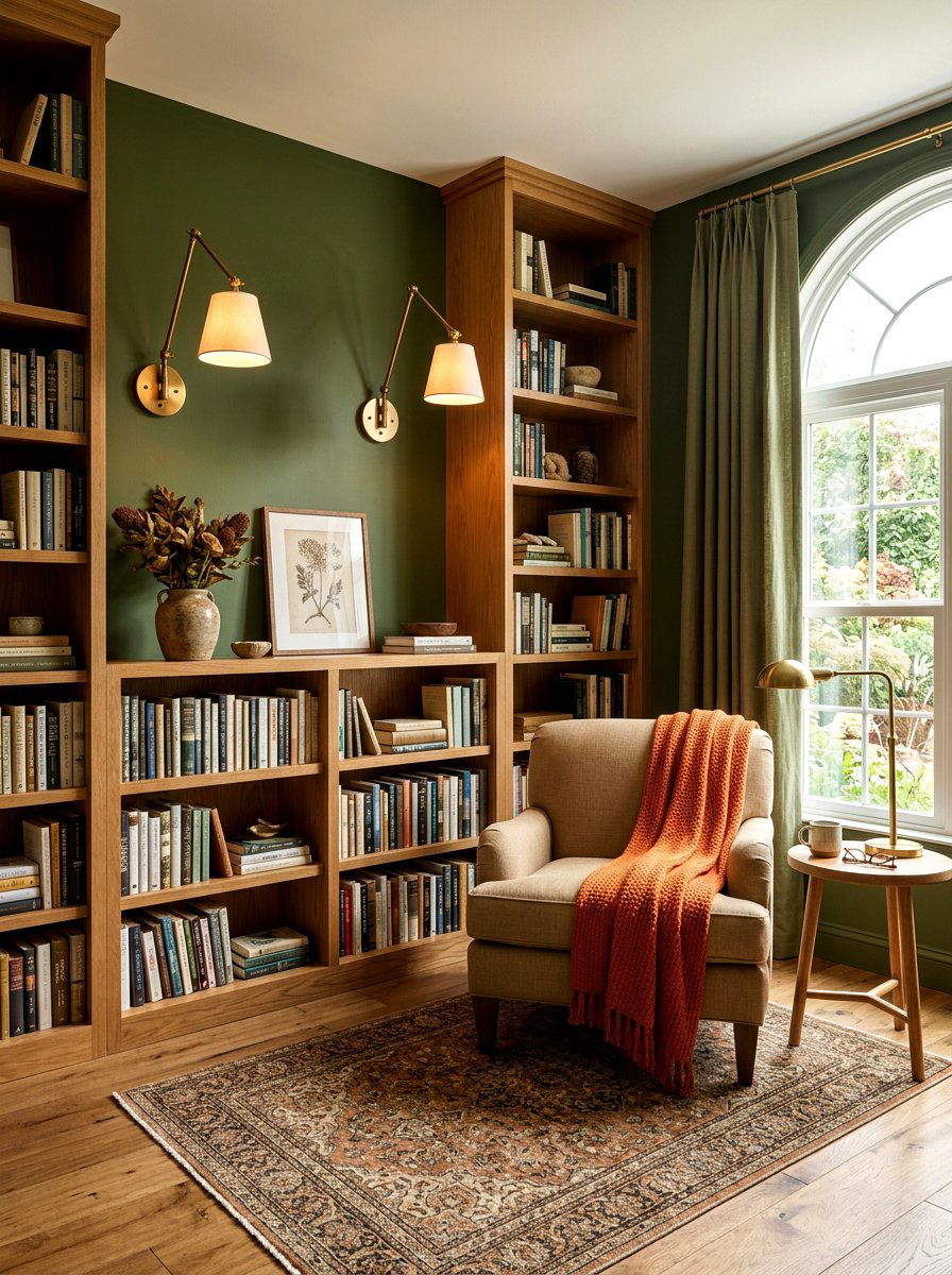 Deep Olive Green Reading Room - 30 moody reading room ideas