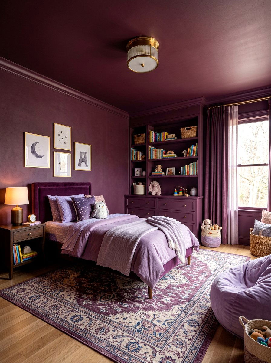 Deep Plum Kids Room - 30 color drenched kids room ideas