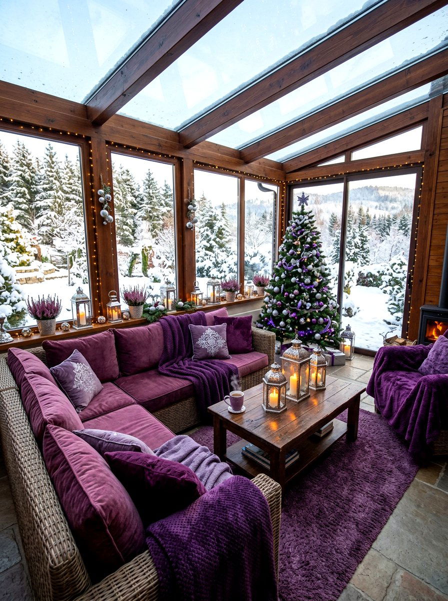 Deep Purple Winter Sunroom Retreat - 30 jewel tone holiday decor ideas