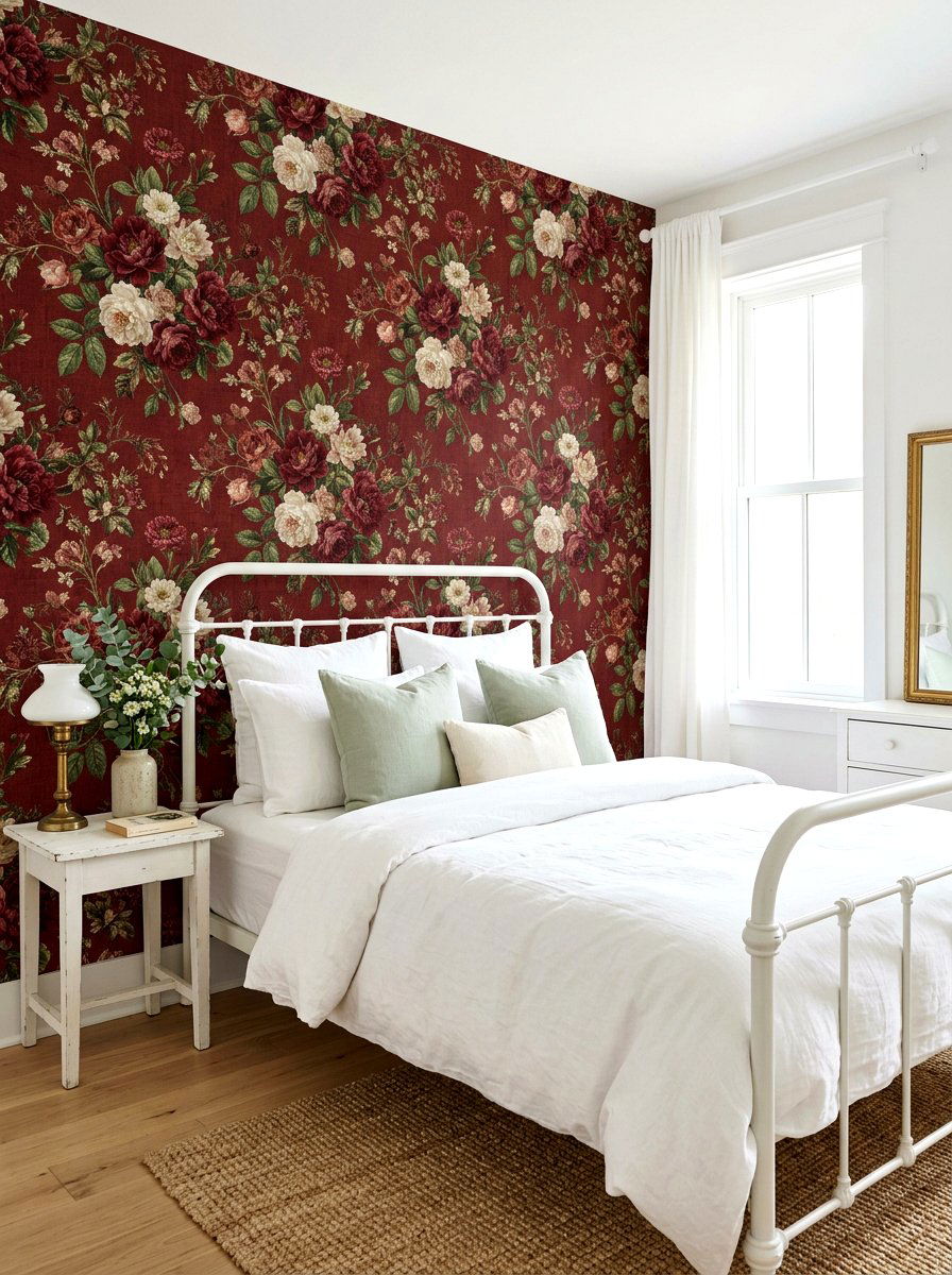Deep Red Floral Pattern - 30 wine color bedroom ideas