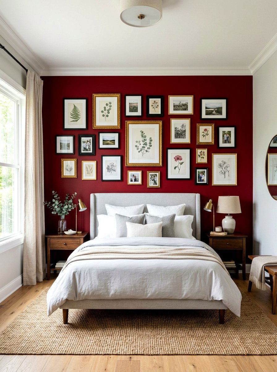 Deep Red Gallery Wall - 30 wine color bedroom ideas