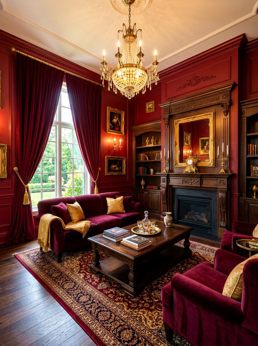Deep Red Interior - 30 moody hotel lobby living room ideas