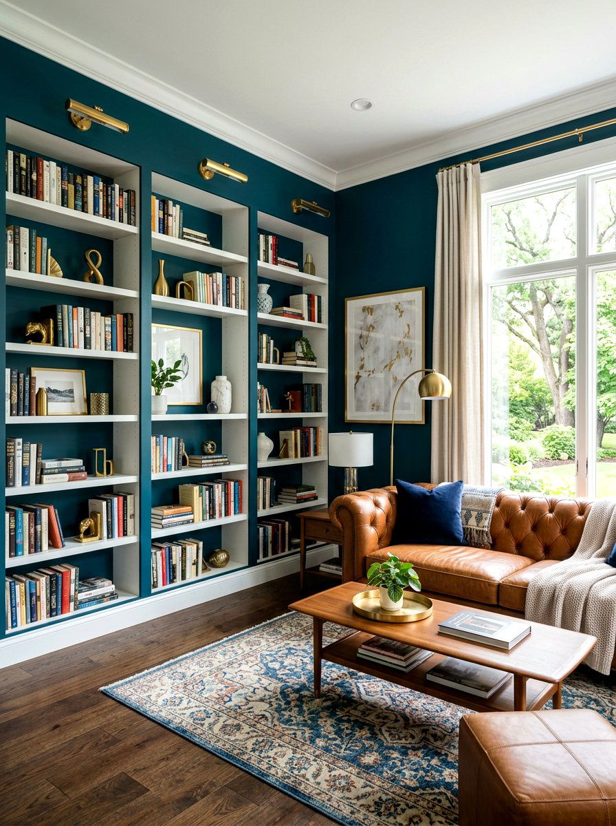 Deep Teal Library Accent Wall - 30 moody library living room ideas