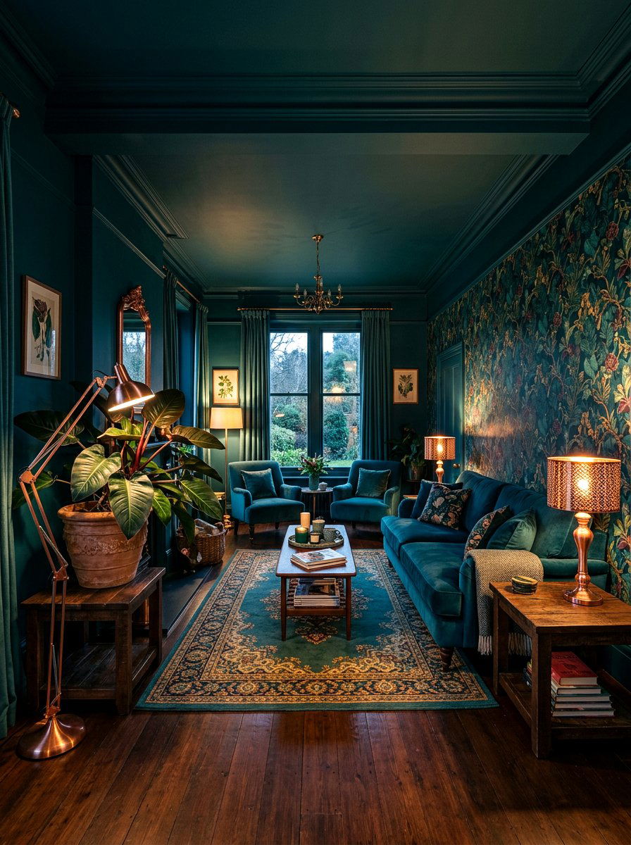 Deep Teal Lounge - 30 botanical drench room ideas