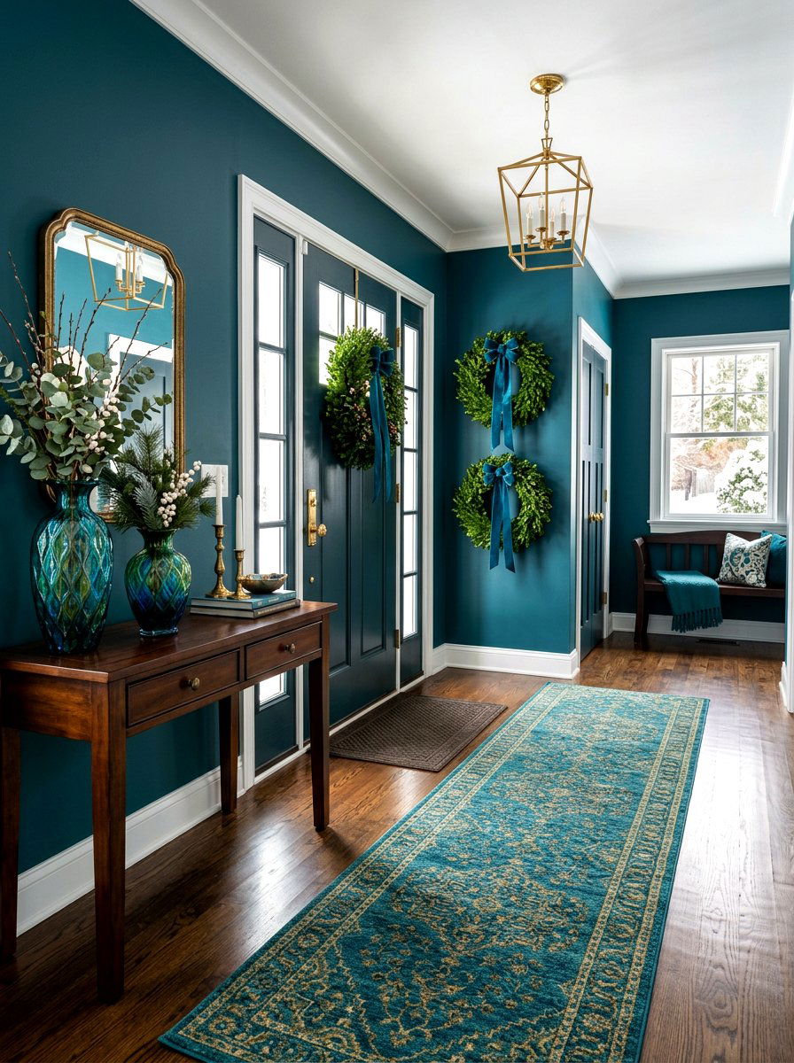 Deep Teal Winter Entryway Styling - 30 jewel tone holiday decor ideas