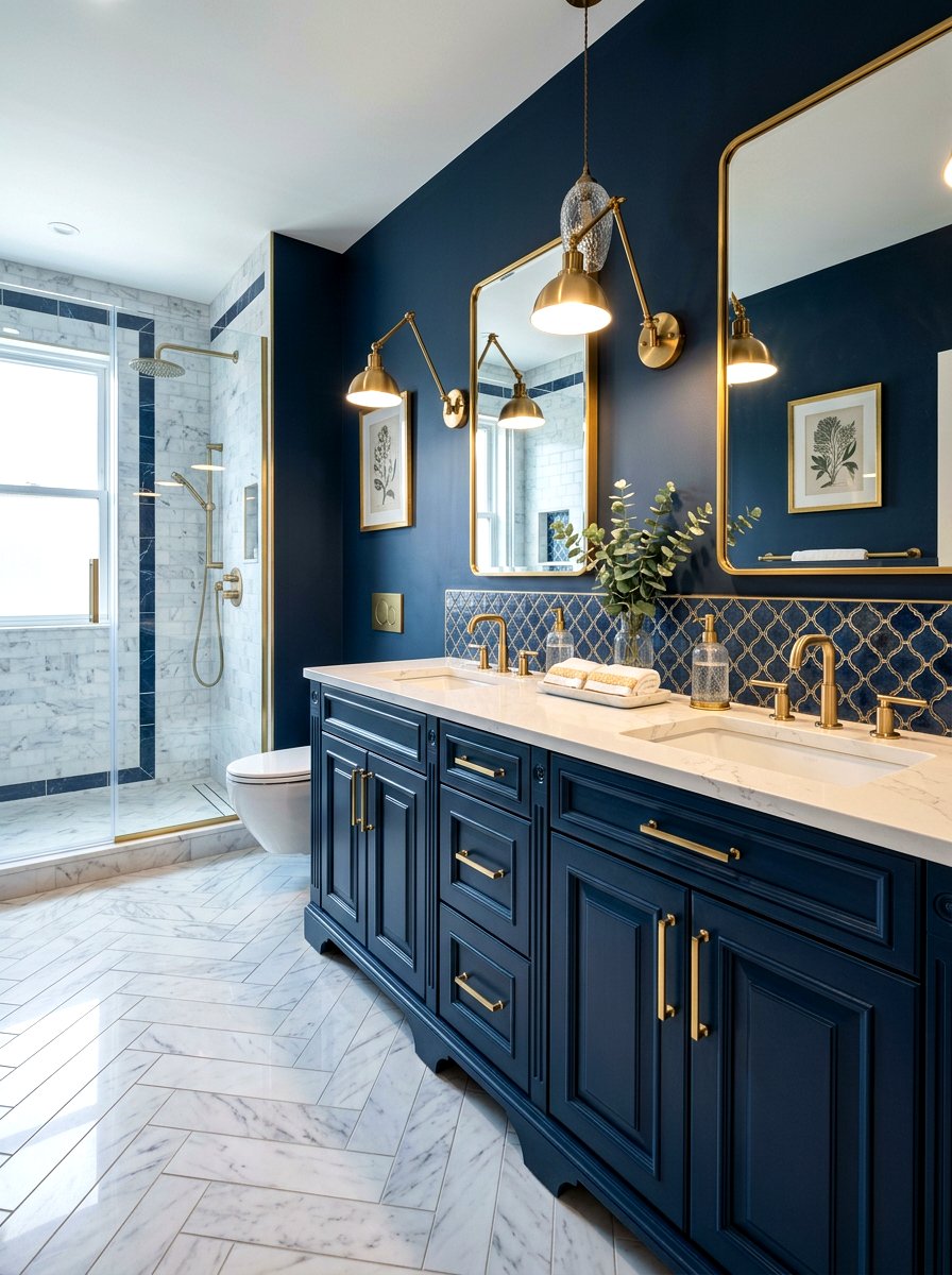 Deep blue cabinetry - 30 small guest bath decor ideas