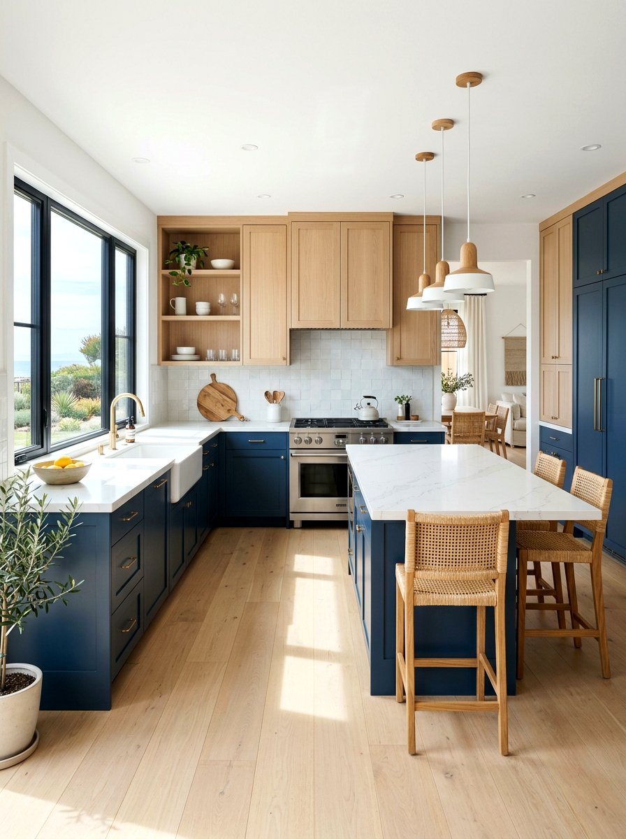 Deep blue kitchen with white oak - 30 denim blue kitchen ideas