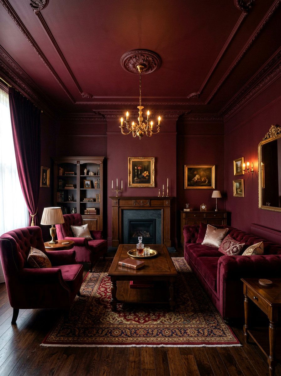 Deep burgundy ceiling finish - 30 ceiling drench living room ideas