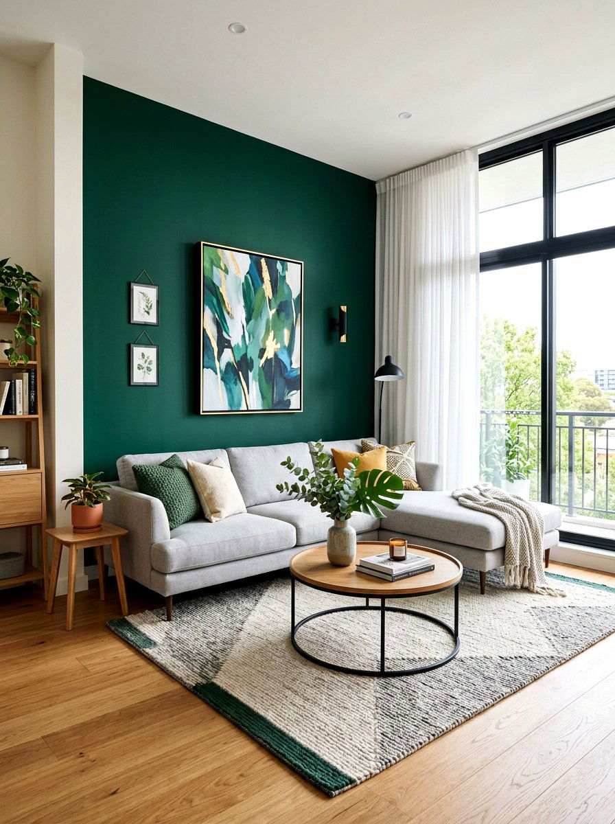 Deep green accent wall - 30 emerald green living room ideas