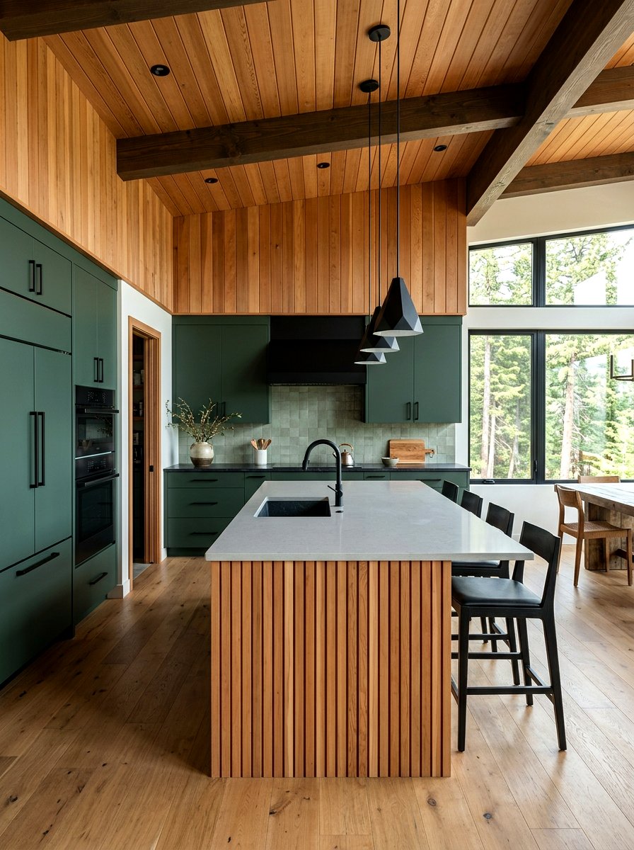 Deep green and cedar kitchen - 30 green and wood kitchen ideas