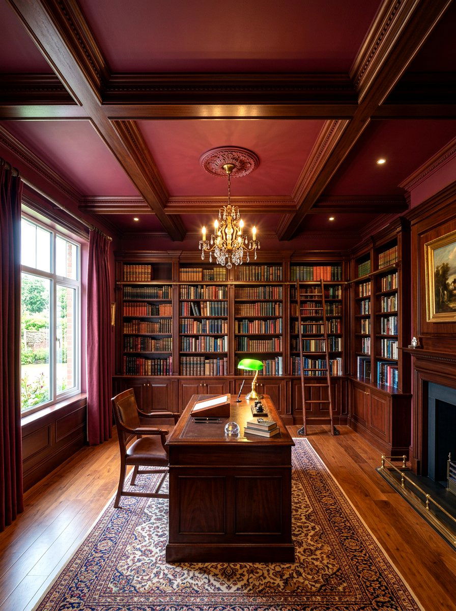 Deep maroon study ceiling - 30 moody ceiling paint ideas