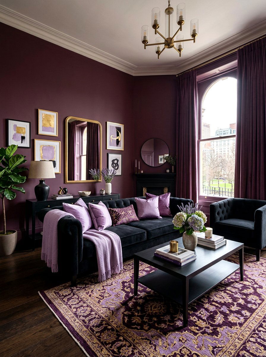 Deep plum living room - 30 moody fall living room ideas
